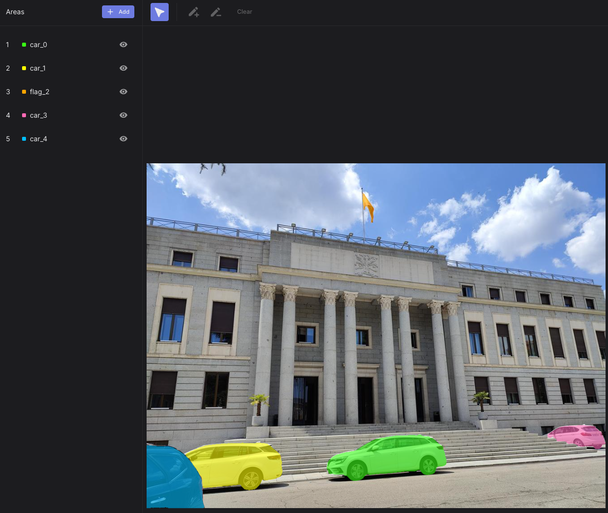 Perfectly segmented AOIs depicting cars and a flag