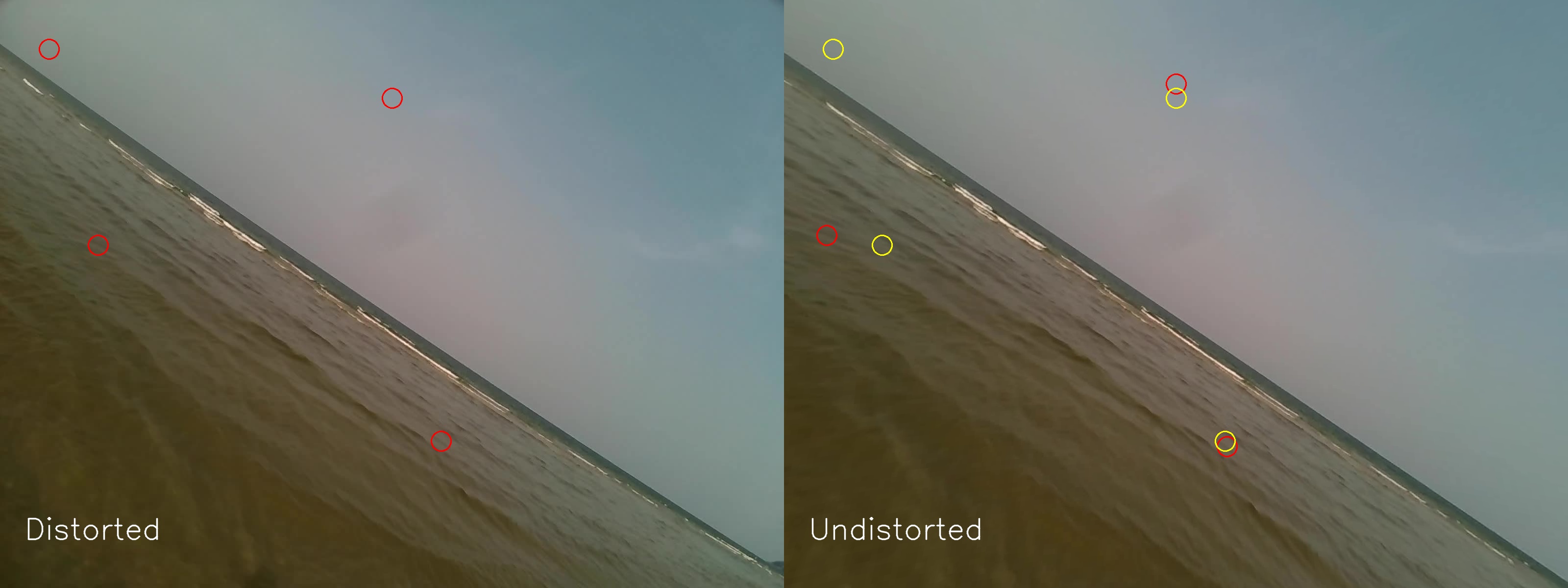 Side by side comparison of a distorted and undistorted image with gaze positions overlaid.